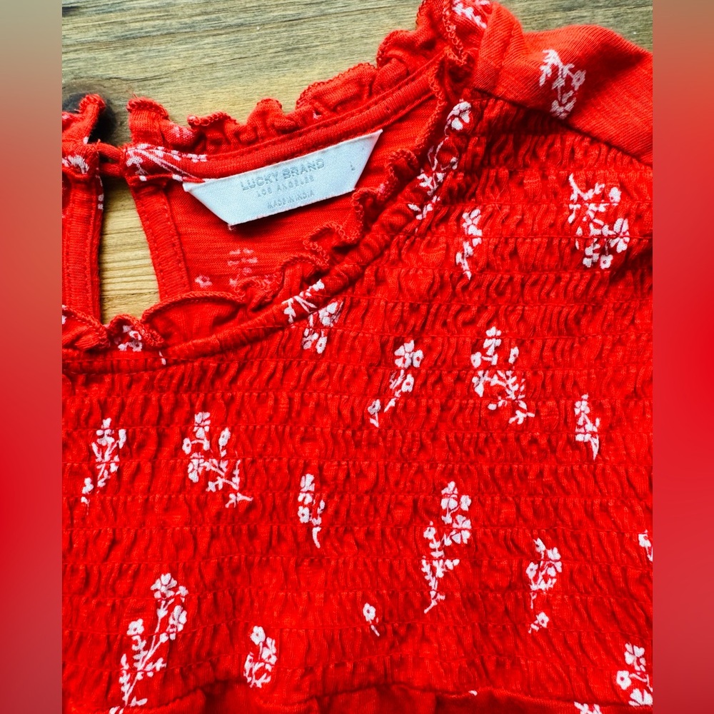 LUCKY BRAND Women’s Smocked Puff Sleeve Shirt Orange Boho Floral Top Large L - Picture 3 of 6